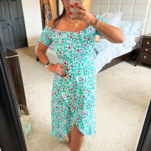 Floral Off Shoulder Smocked Midi Dress Green Pink Daisy Print Women’s M